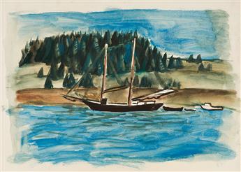FAIRFIELD PORTER Two coastal landscape with sailboat studies.